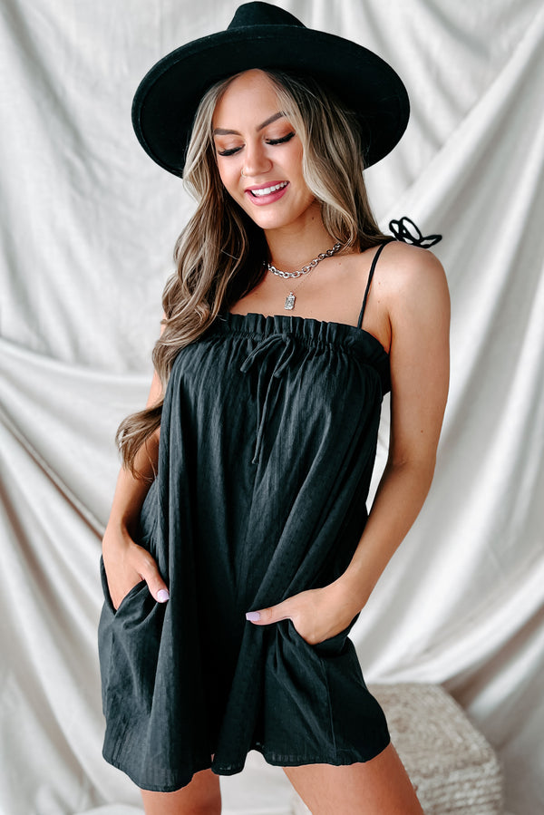 Idra Tie-Strap Textured Cotton Romper (Black) - NanaMacs