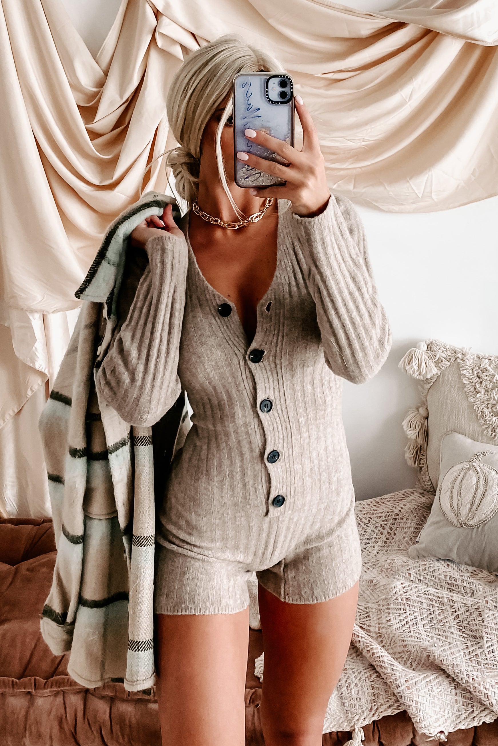 Cute & Cuddly Button-Front Sweater Romper (Taupe) - NanaMacs
