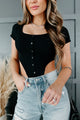 Hottie On The Move Button-Front Cropped Corset Tee (Black) - NanaMacs