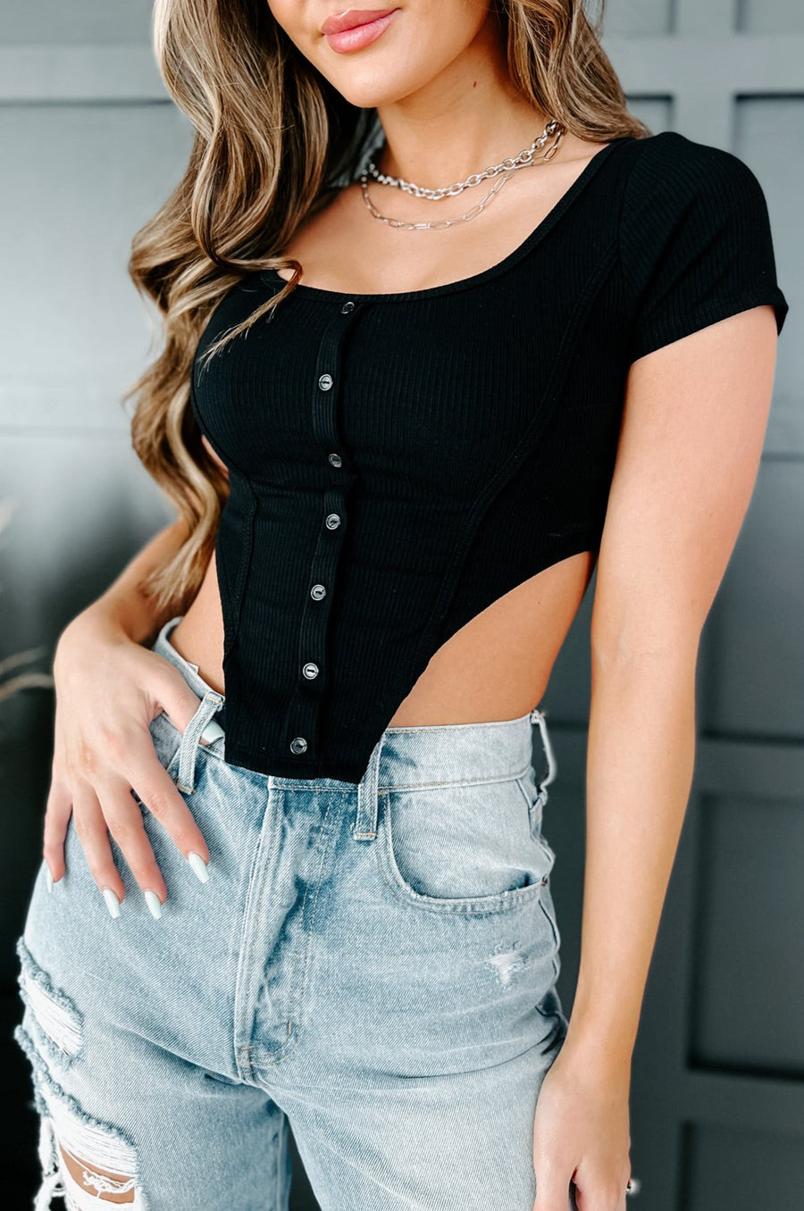 Hottie On The Move Button-Front Cropped Corset Tee (Black) - NanaMacs