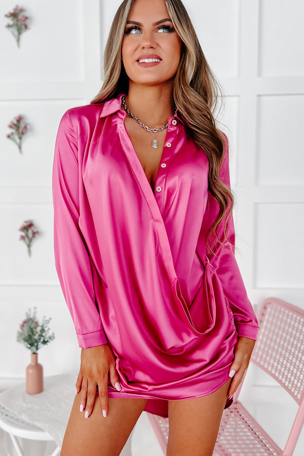 Turning Up The Temps Draped Satin Shirt Dress (Fuchsia) - NanaMacs