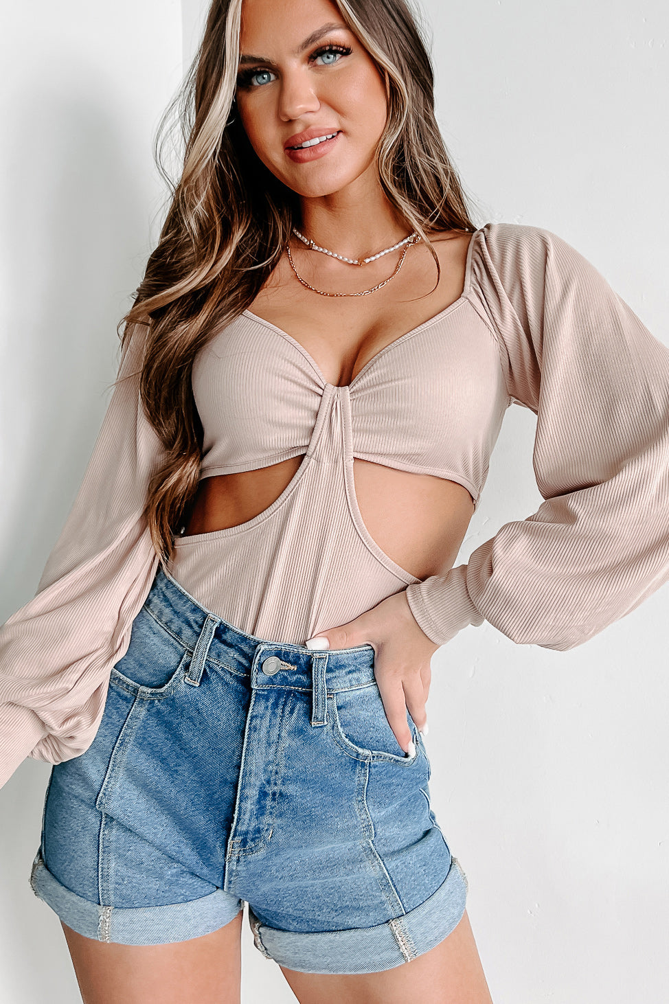 Total Allure Ribbed Cut-Out Top (Taupe) - NanaMacs