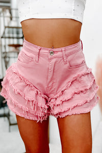 Ruffled And Ready Tiered Ruffle Raw Hem Shorts (Blush) - NanaMacs