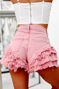 Ruffled And Ready Tiered Ruffle Raw Hem Shorts (Blush) - NanaMacs