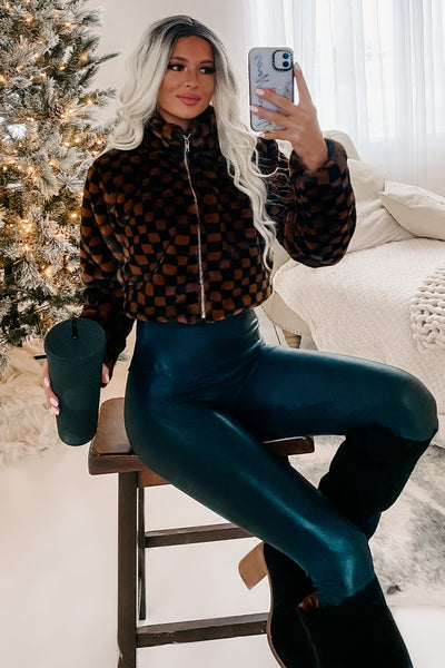 Better Be Boujee Checkered Faux Fur Jacket (Brown/Black) - NanaMacs