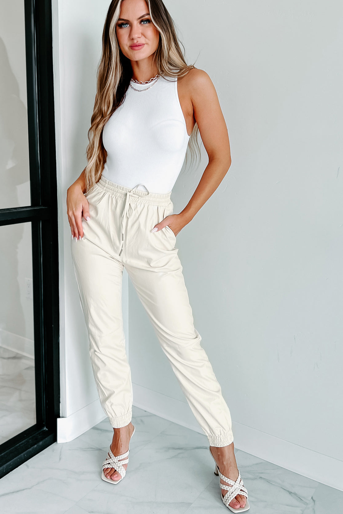 Switching It Up Faux Leather Joggers (Beige) - NanaMacs