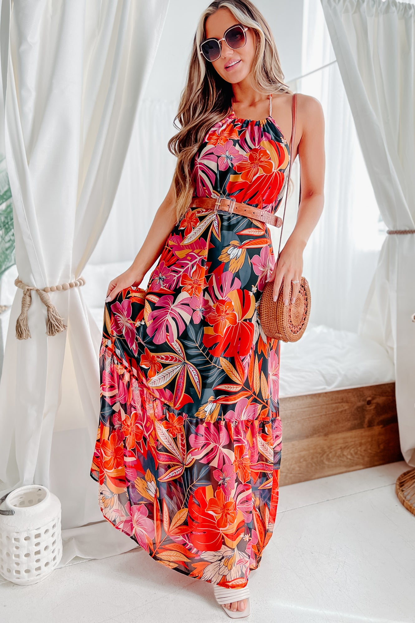 Bali Breeze Tropical Print Halter Neck Maxi Dress (Black/Pink/Orange) - NanaMacs
