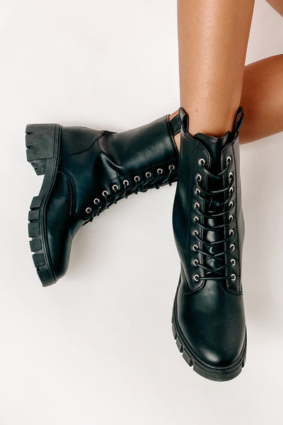 Adios Amigo Faux Leather Chunky Combat Boots (Black) - NanaMacs