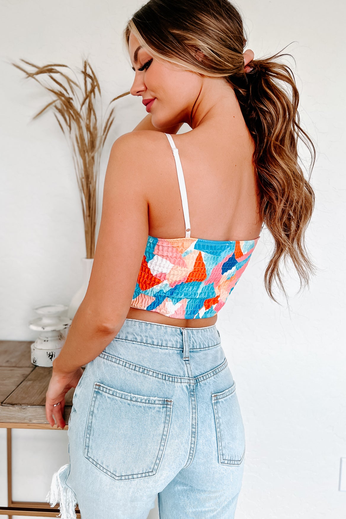 Making Statements Padded Printed Bustier Crop Top (Blue Multi) - NanaMacs