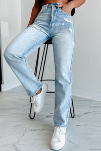 Kevin High Rise Cello Lightly Distressed Dad Jeans (Light Denim) - NanaMacs