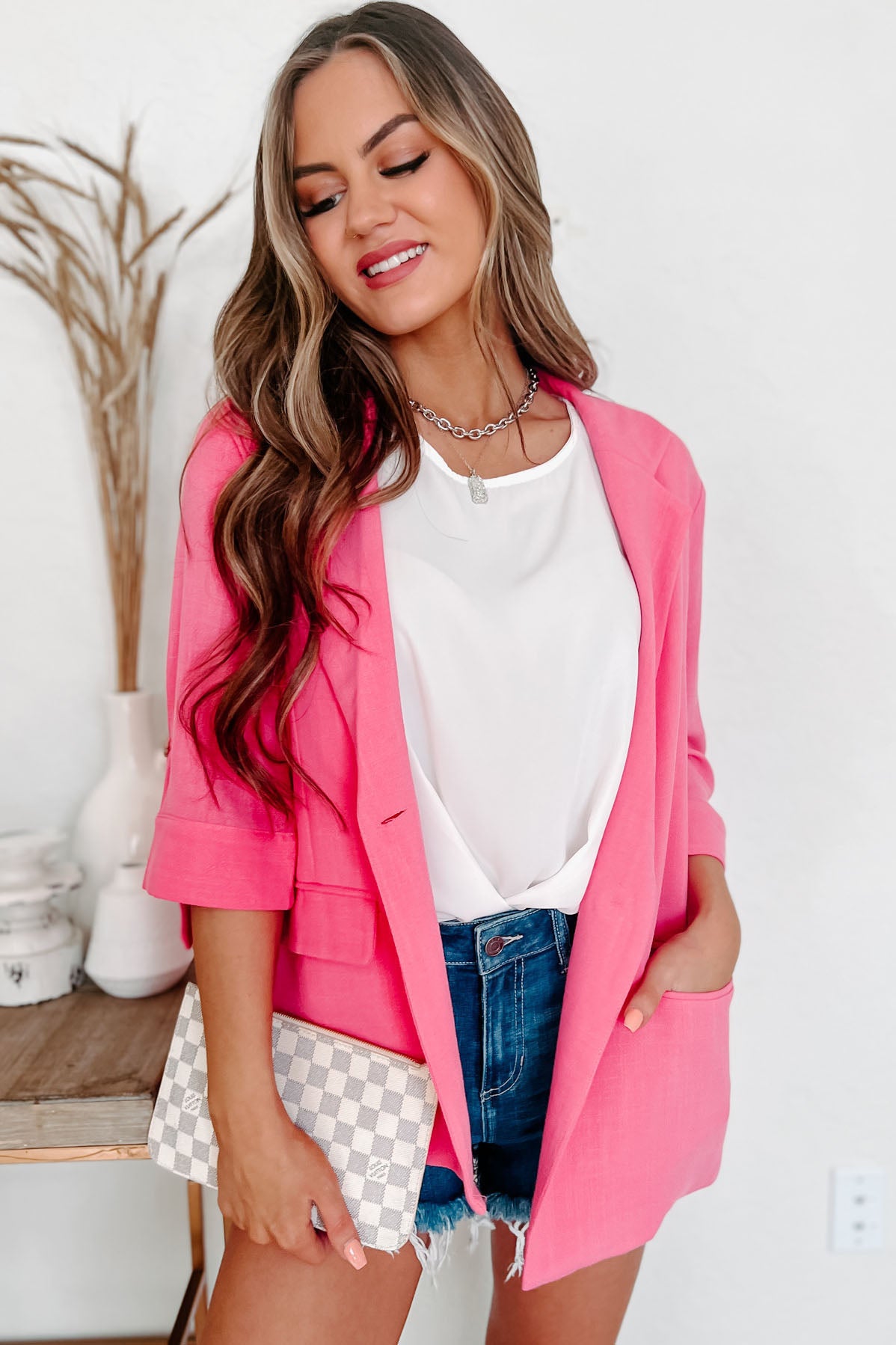 Made A Good Impression Linen 3/4 Sleeve Blazer (Hot Pink) - NanaMacs