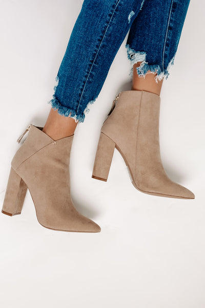 IMPERFECT Plot Twist Faux Suede Booties (Taupe) - NanaMacs