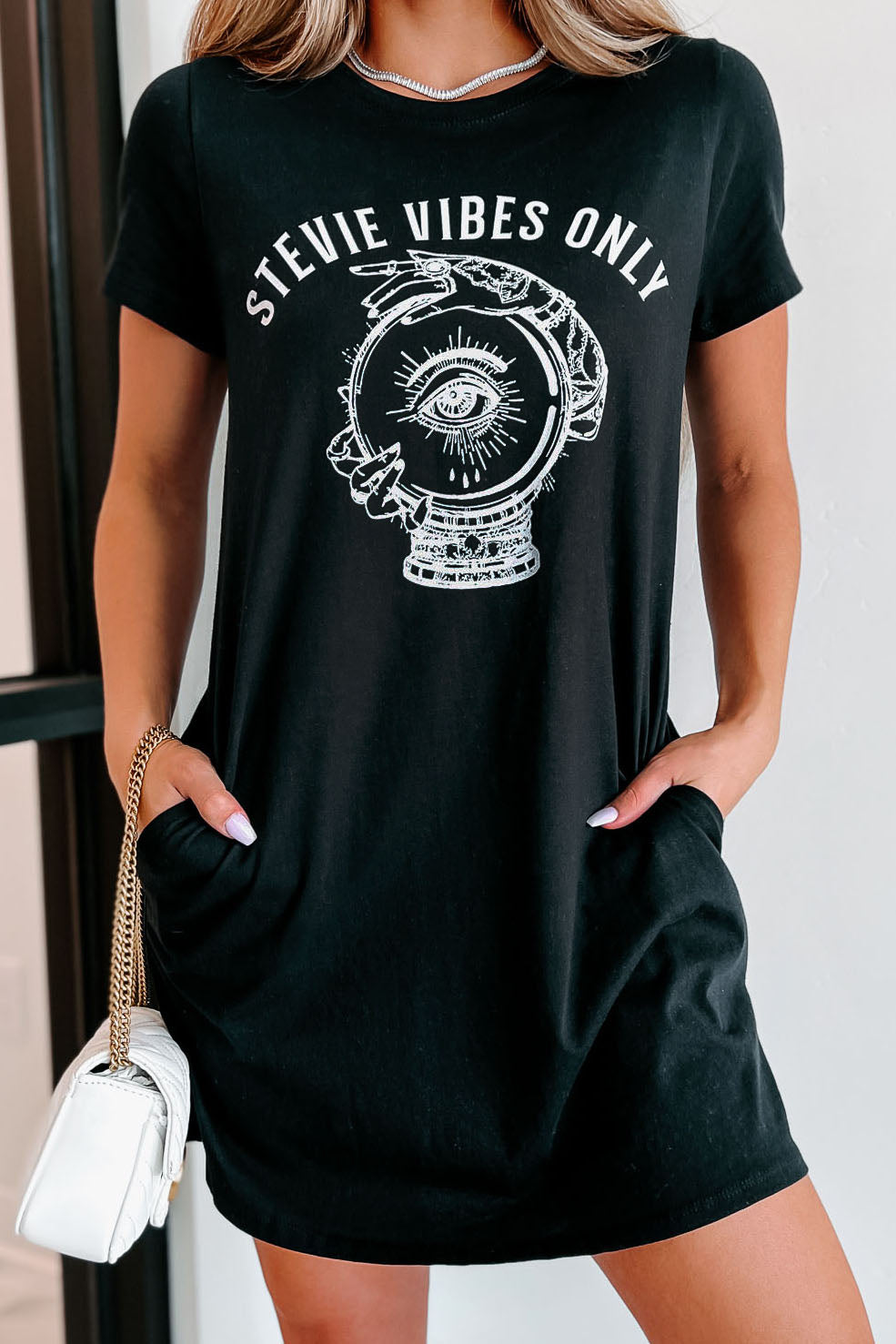 "Stevie Vibes" Graphic T-Shirt Dress (Black) - Print On Demand - NanaMacs