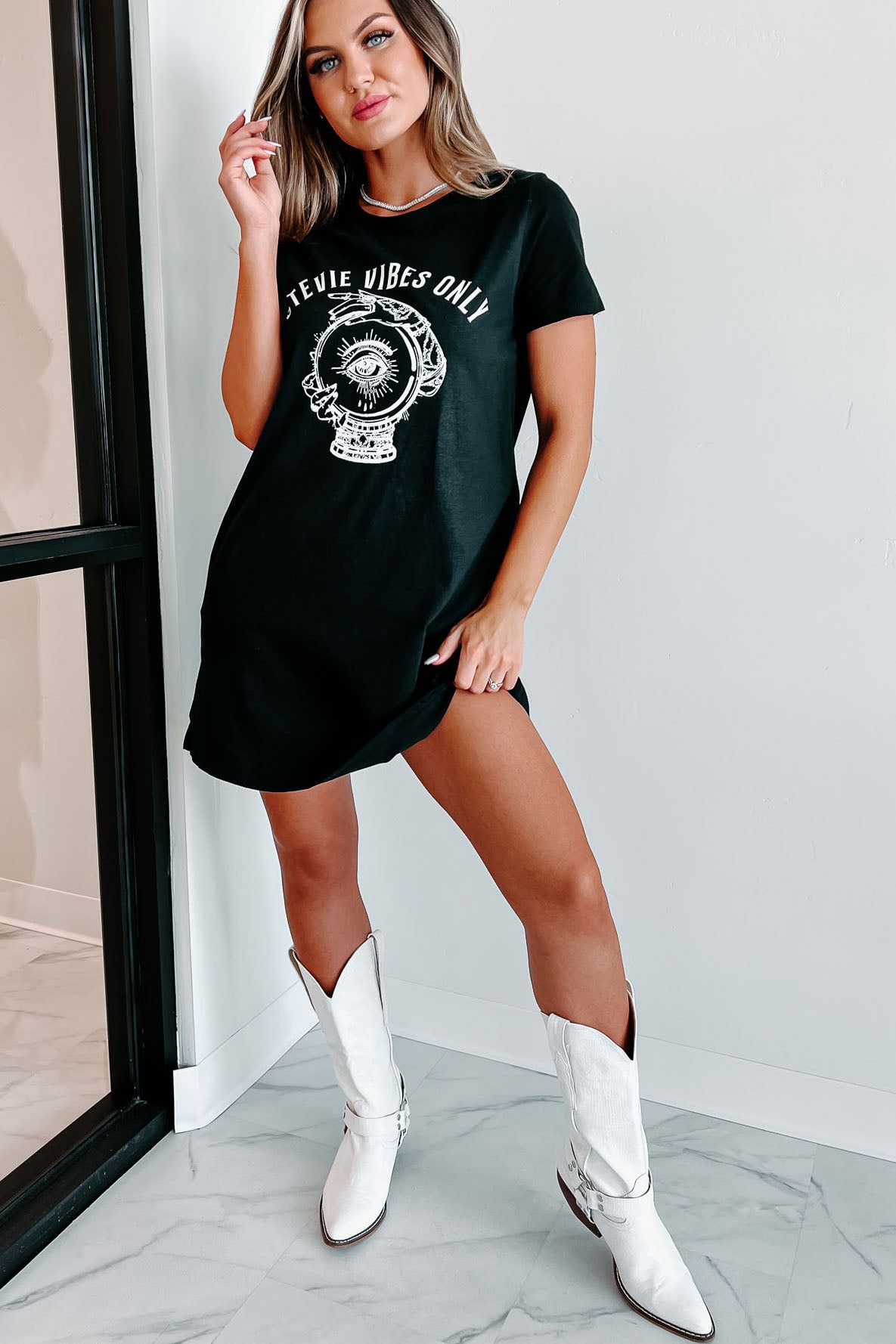 "Stevie Vibes" Graphic T-Shirt Dress (Black) - Print On Demand - NanaMacs