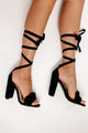 IMPERFECT Sin City Lace-Up Ruffle Strap Heels (Black Faux Suede) - NanaMacs