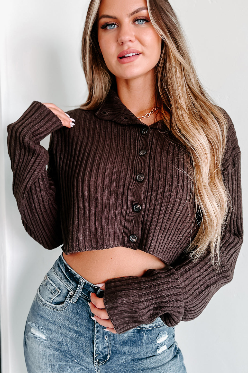 Ester Button-Up Cropped Sweater (Dark Chocolate) - NanaMacs