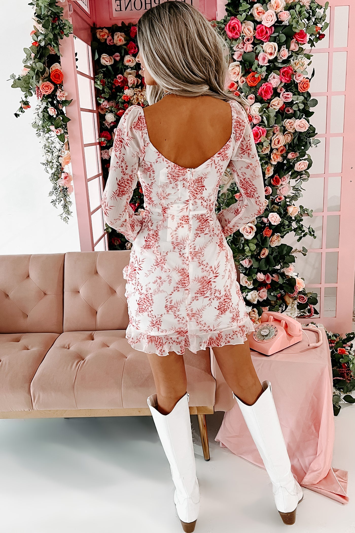 Fern Fancy Printed Faux Wrap Mini Dress (Pink) - NanaMacs