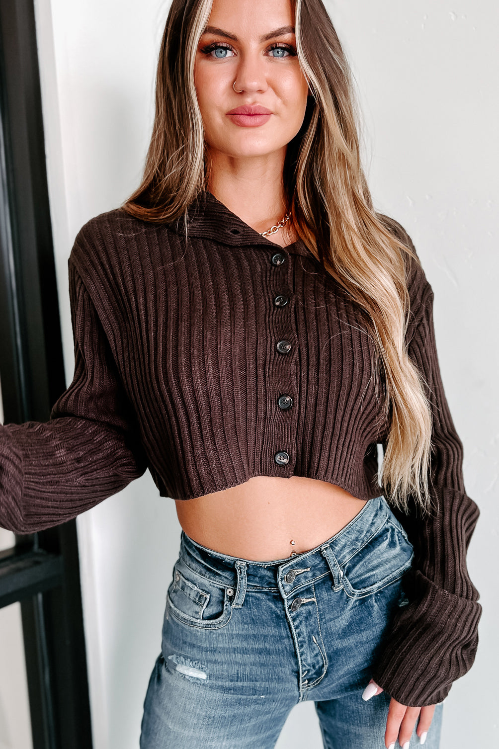Ester Button Up Cropped Sweater Dark Chocolate NanaMacs