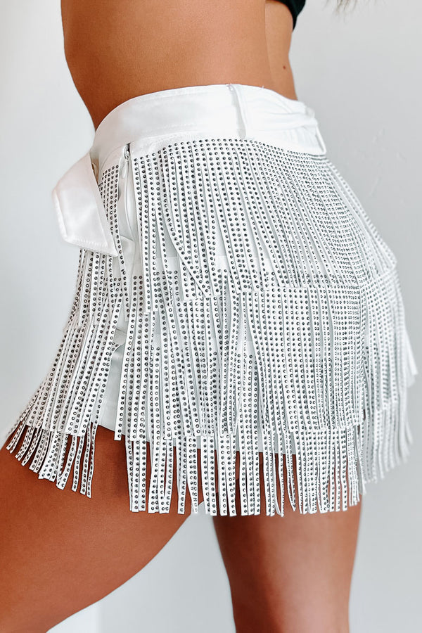 Ready To Shimmy Rhinestone Fringe Shorts (White) - NanaMacs