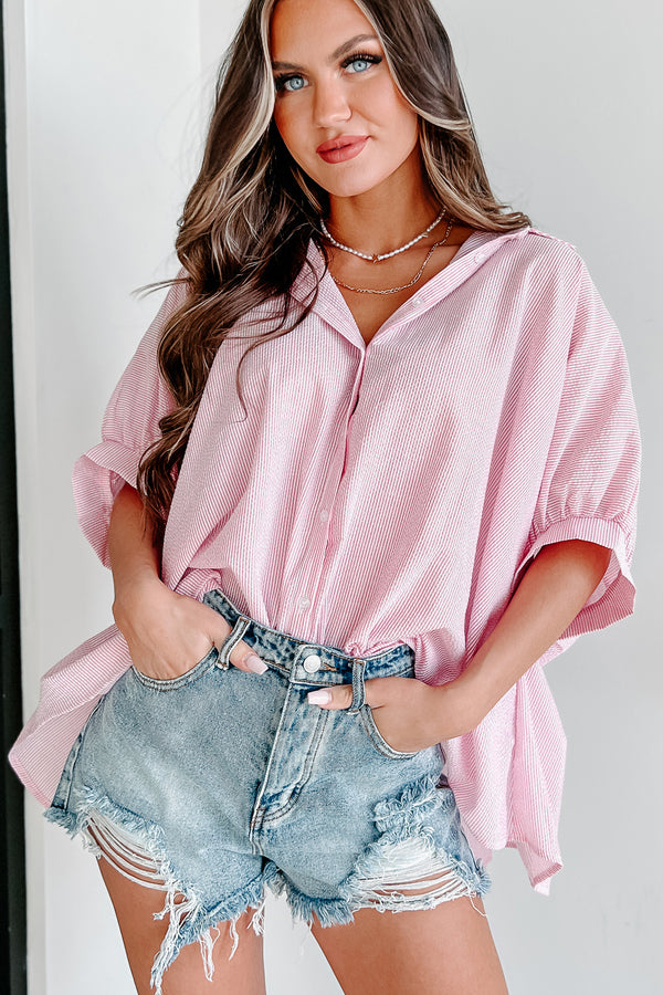 Staying Cute Oversized Striped Button-Down Top (Pink) - NanaMacs