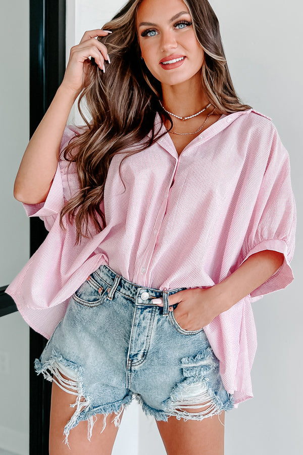 Staying Cute Oversized Striped Button-Down Top (Pink) - NanaMacs