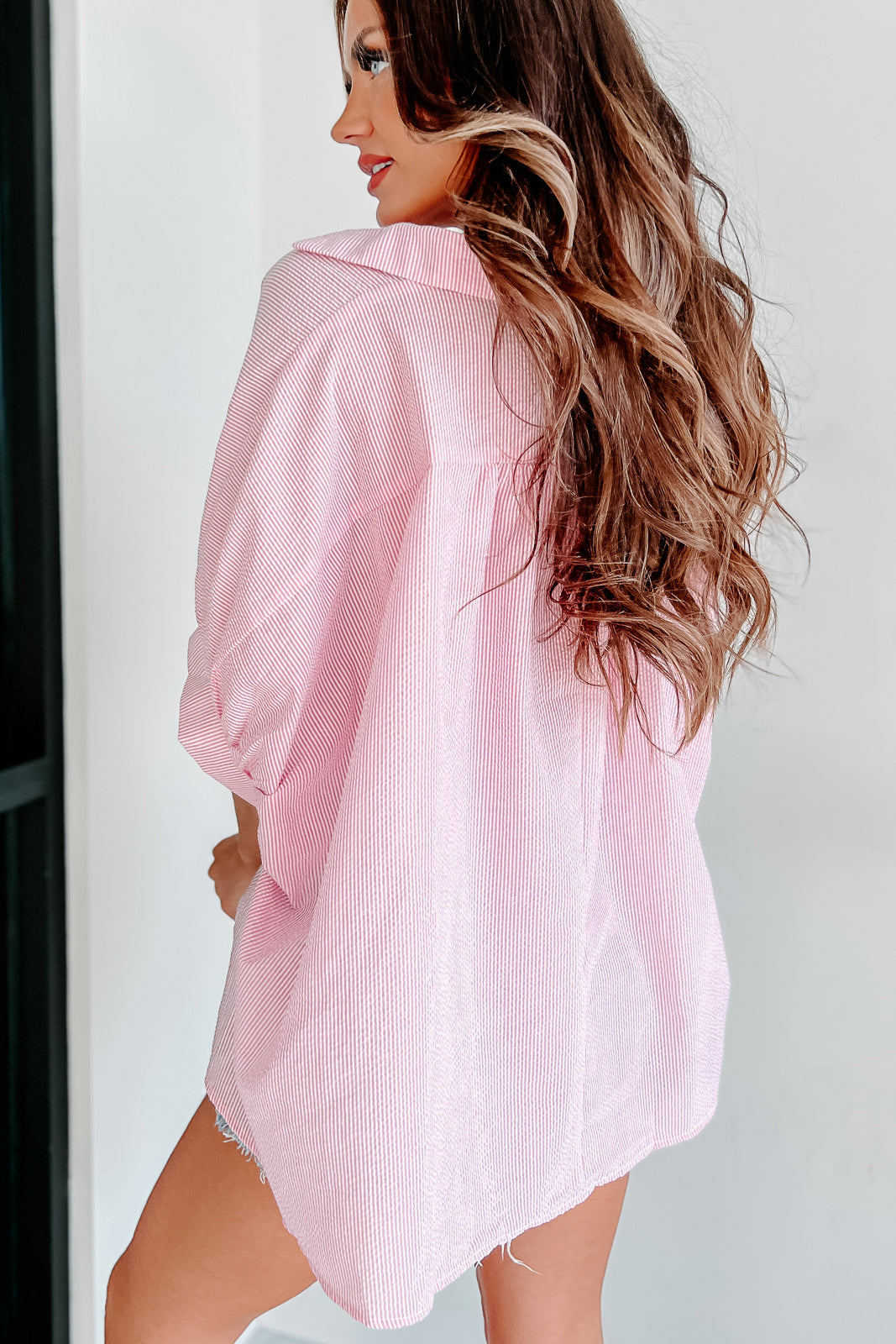 Staying Cute Oversized Striped Button-Down Top (Pink) - NanaMacs