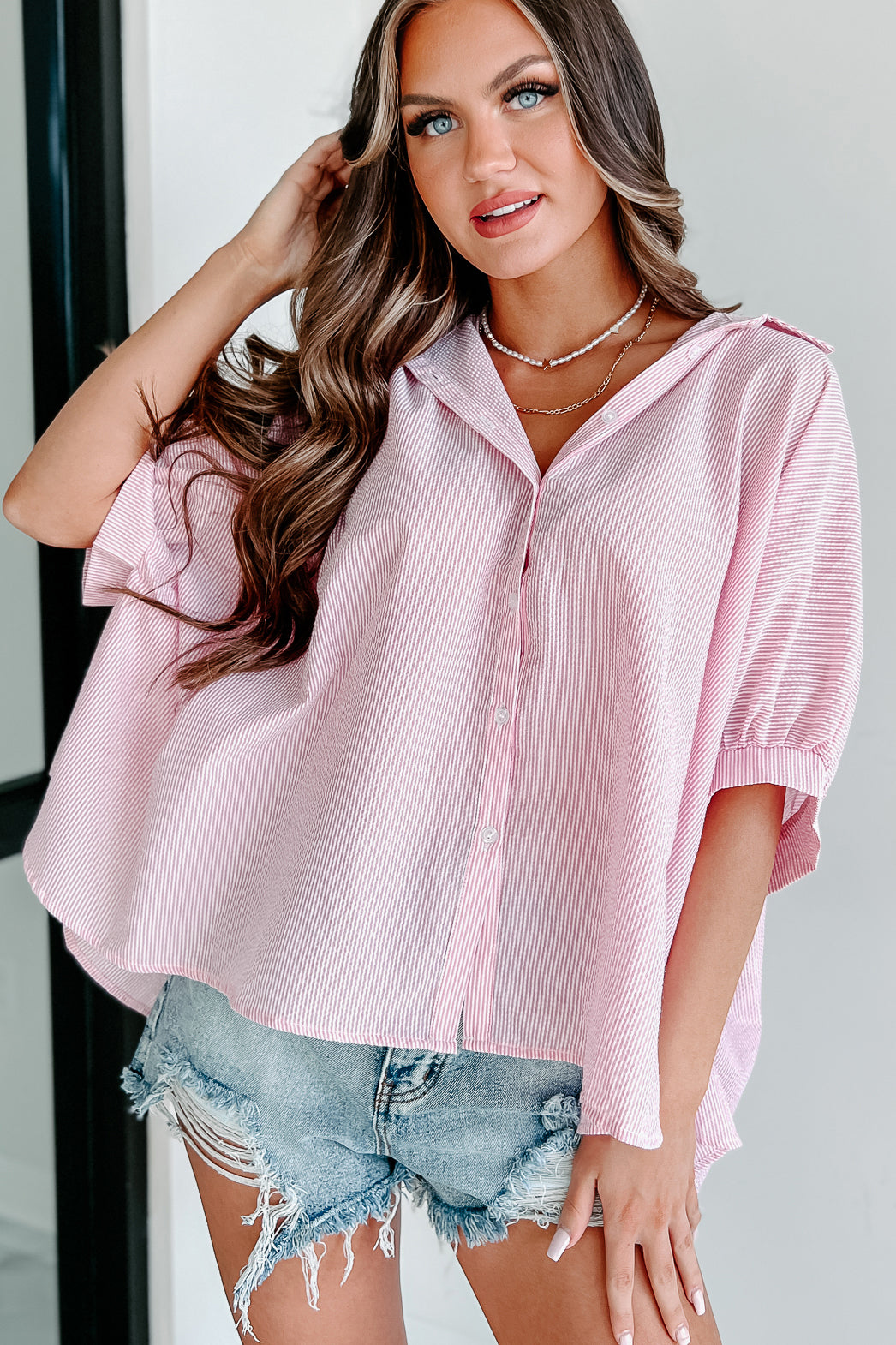 Staying Cute Oversized Striped Button-Down Top (Pink) - NanaMacs