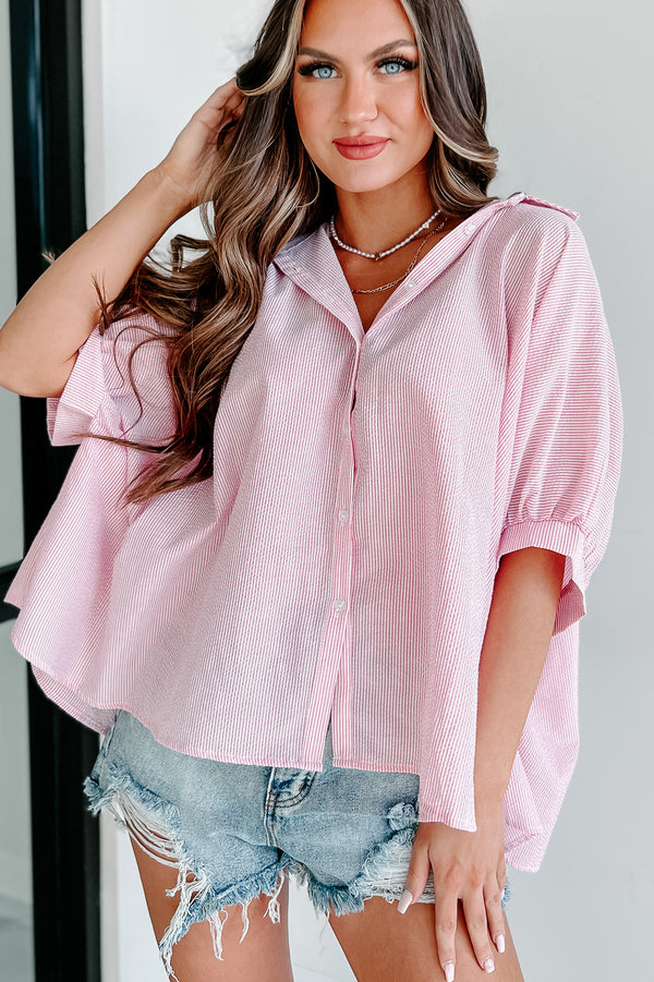 Staying Cute Oversized Striped Button-Down Top (Pink) - NanaMacs