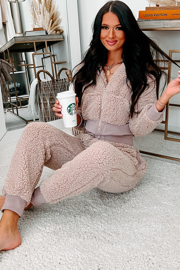 Fuzzy Fanatic Teddy Bear Sherpa Loungewear Set (Mocha) - NanaMacs