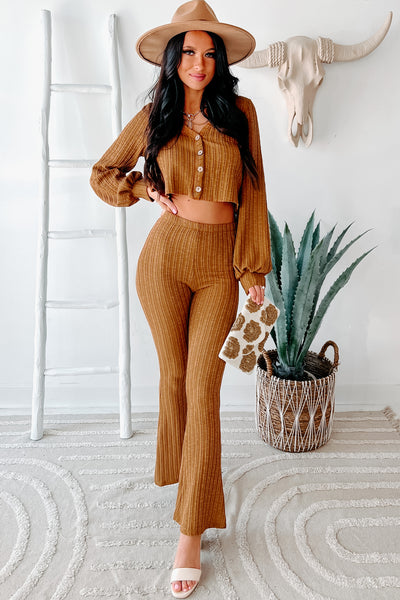 Marti Rib Knit Button-Front Crop Top (Camel) - NanaMacs