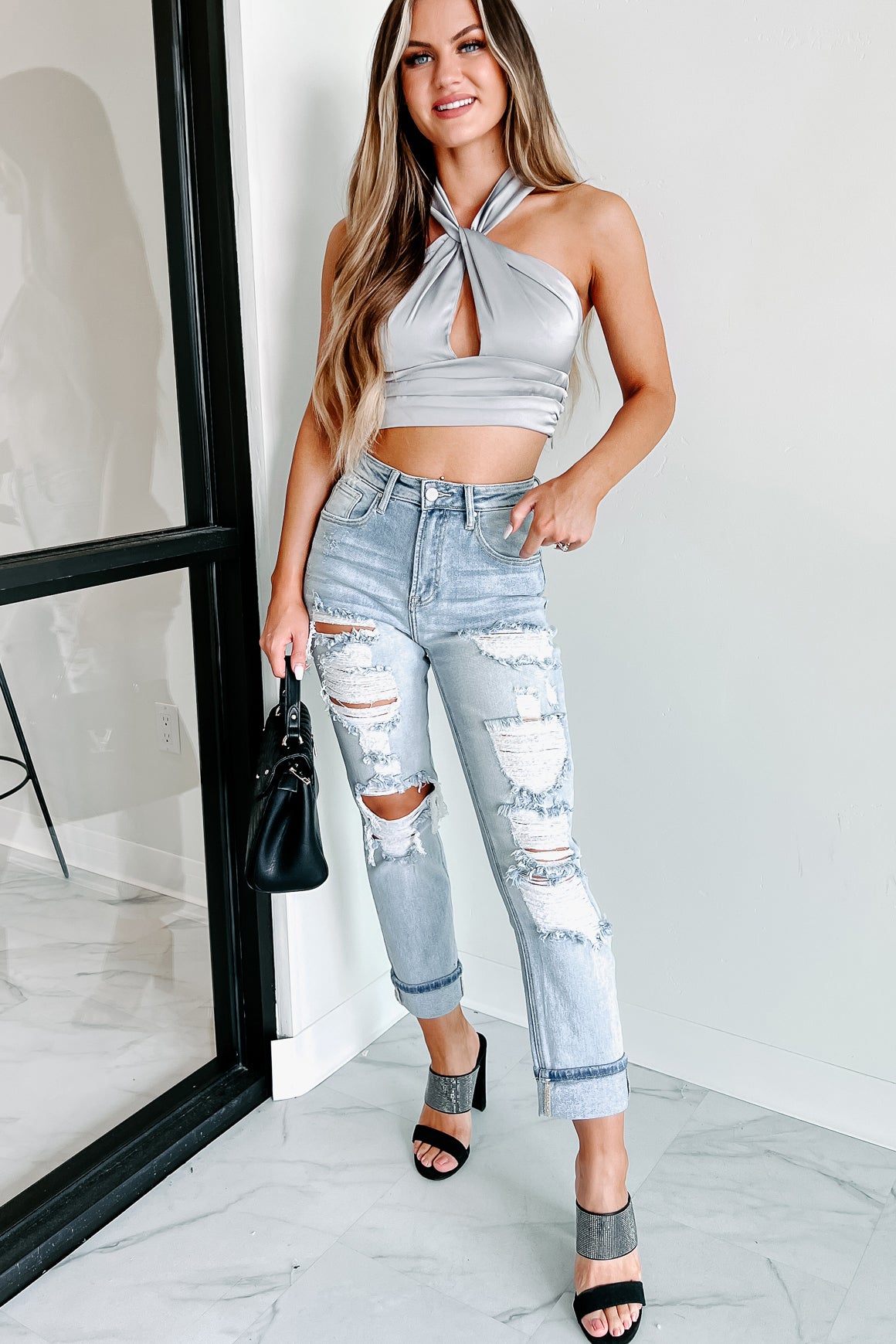 Thinking Of Our Place Satin Halter Neck Crop Top (Grey) - NanaMacs