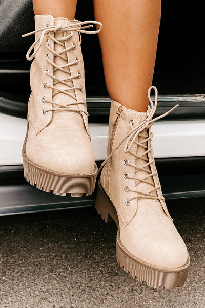 Fearless Leader Chunky Faux Leather Combat Boot (Natural) - NanaMacs