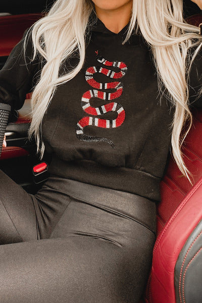 King Snake Rhinestone Cropped Hoodie (Black) - NanaMacs