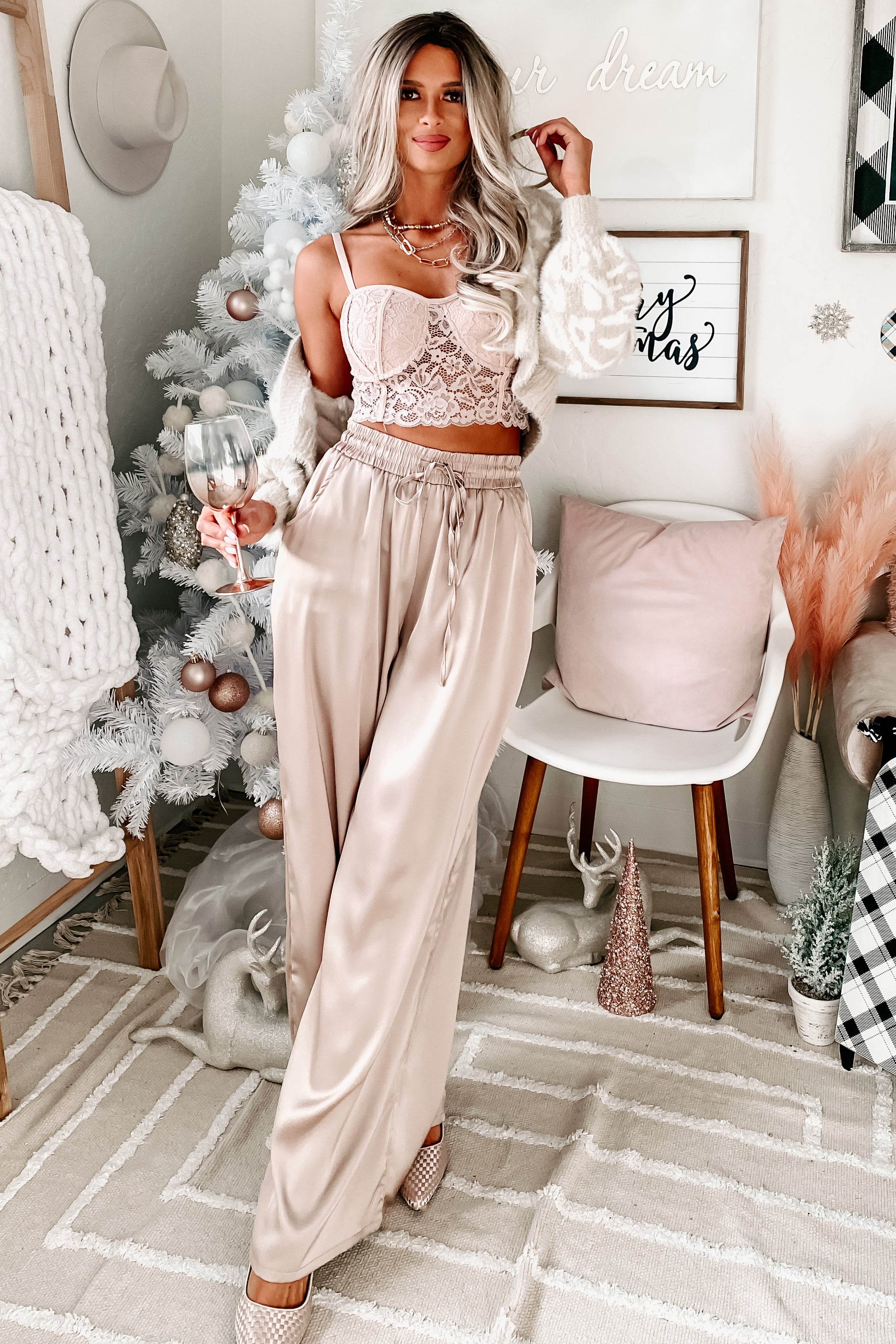 Eisele Wide Leg Satin Pants (Light Taupe) - NanaMacs