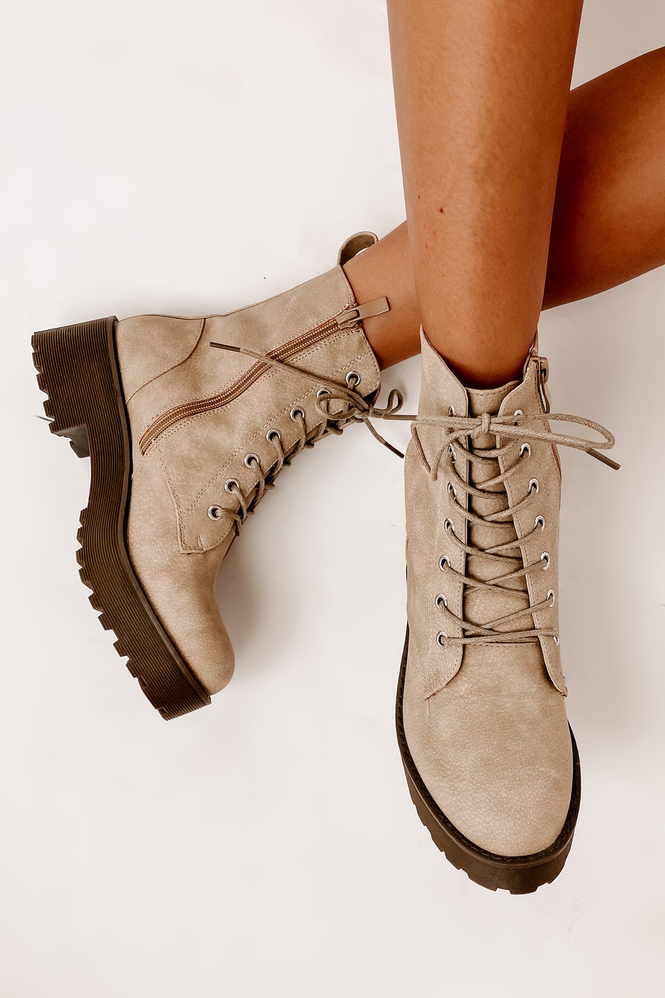 Fearless Leader Chunky Faux Leather Combat Boot (Natural) - NanaMacs