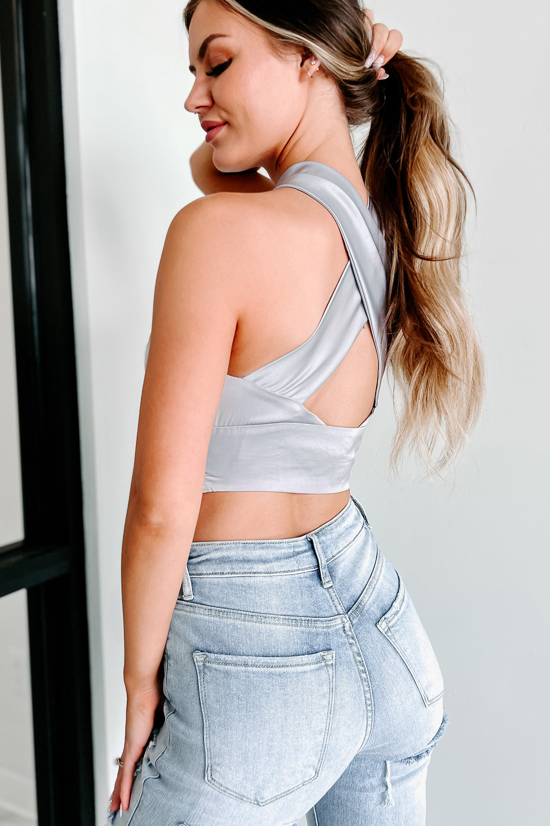 Thinking Of Our Place Satin Halter Neck Crop Top (Grey) - NanaMacs