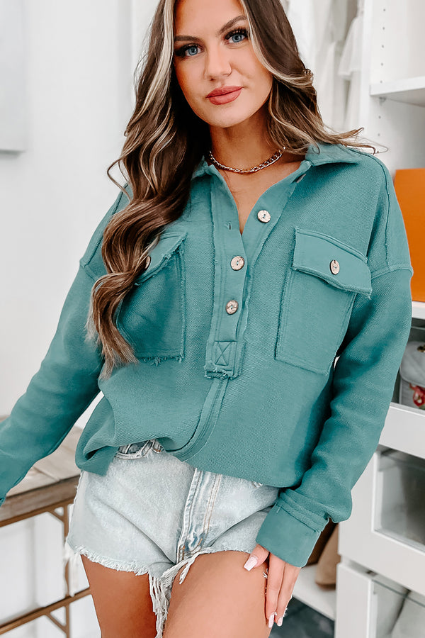 Sweet Memory Textured Button Front Pull Over Top (Teal) - NanaMacs