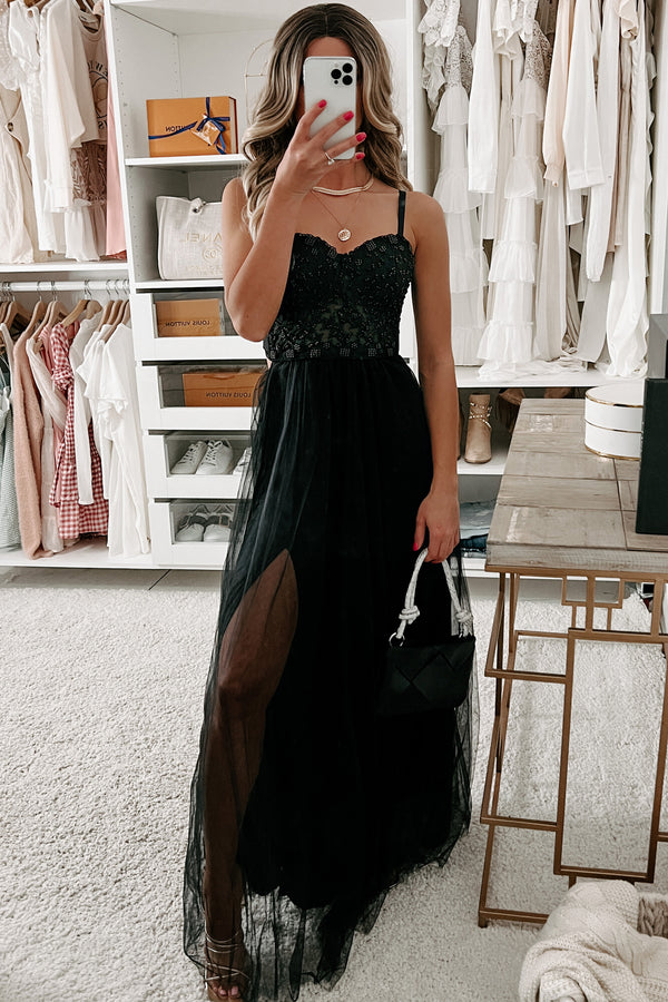 Good Times Only Beaded Tulle Maxi Dress (Black) - NanaMacs