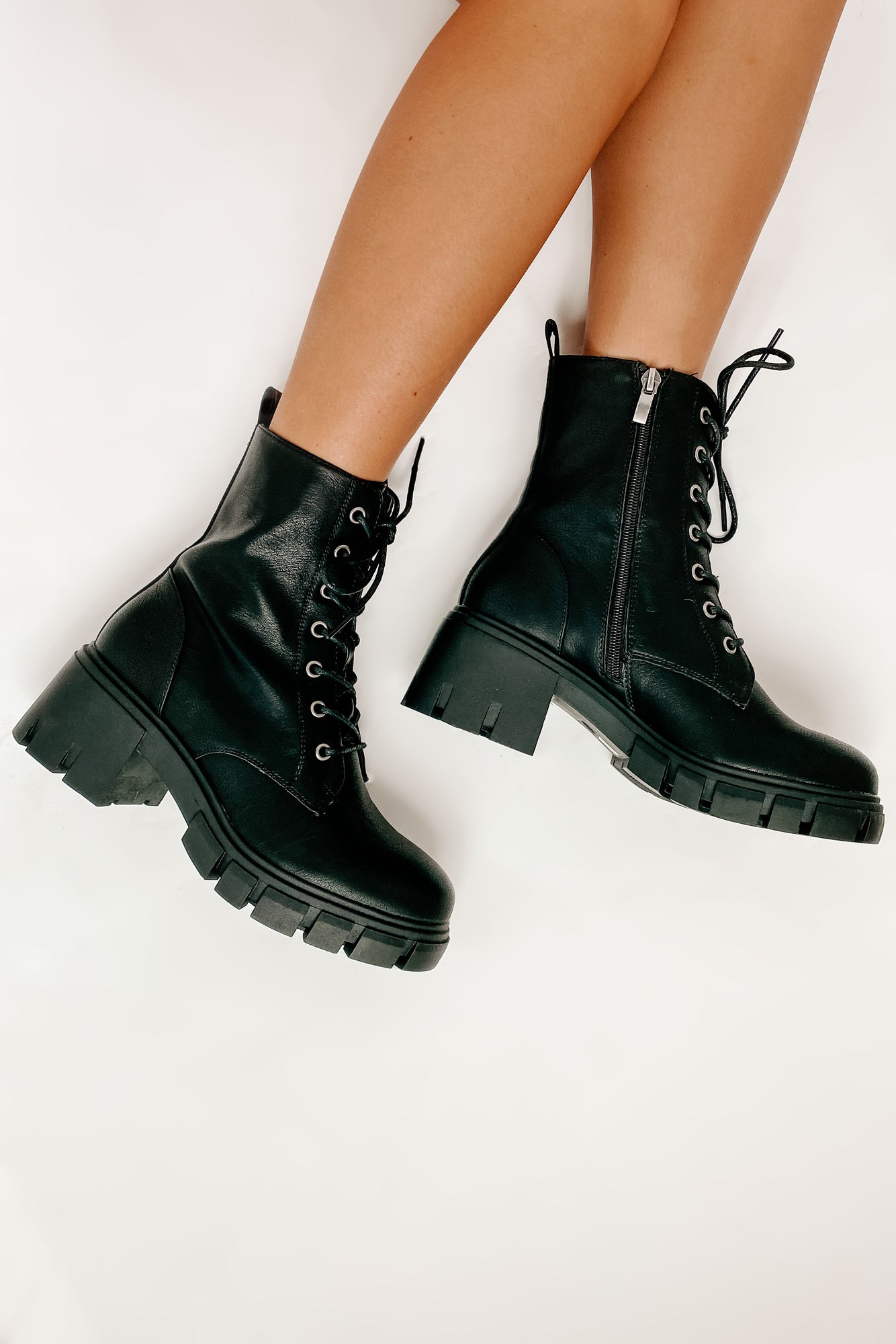 Questionable Intentions Chunky Faux Leather Combat Boots (Black) · NanaMacs