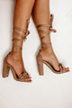 Sin City Lace-Up Ruffle Strap Heels (Taupe Faux Suede) - NanaMacs