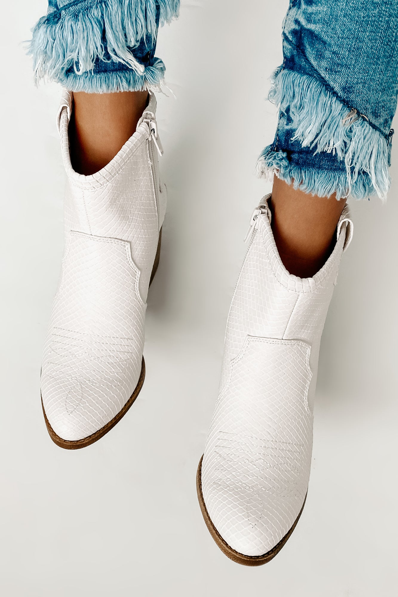 IMPERFECT Deceiving Looks Faux Leather Snake Print Booties (Vintage White) - NanaMacs