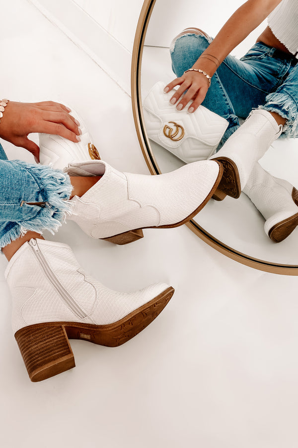 IMPERFECT Deceiving Looks Faux Leather Snake Print Booties (Vintage White) - NanaMacs