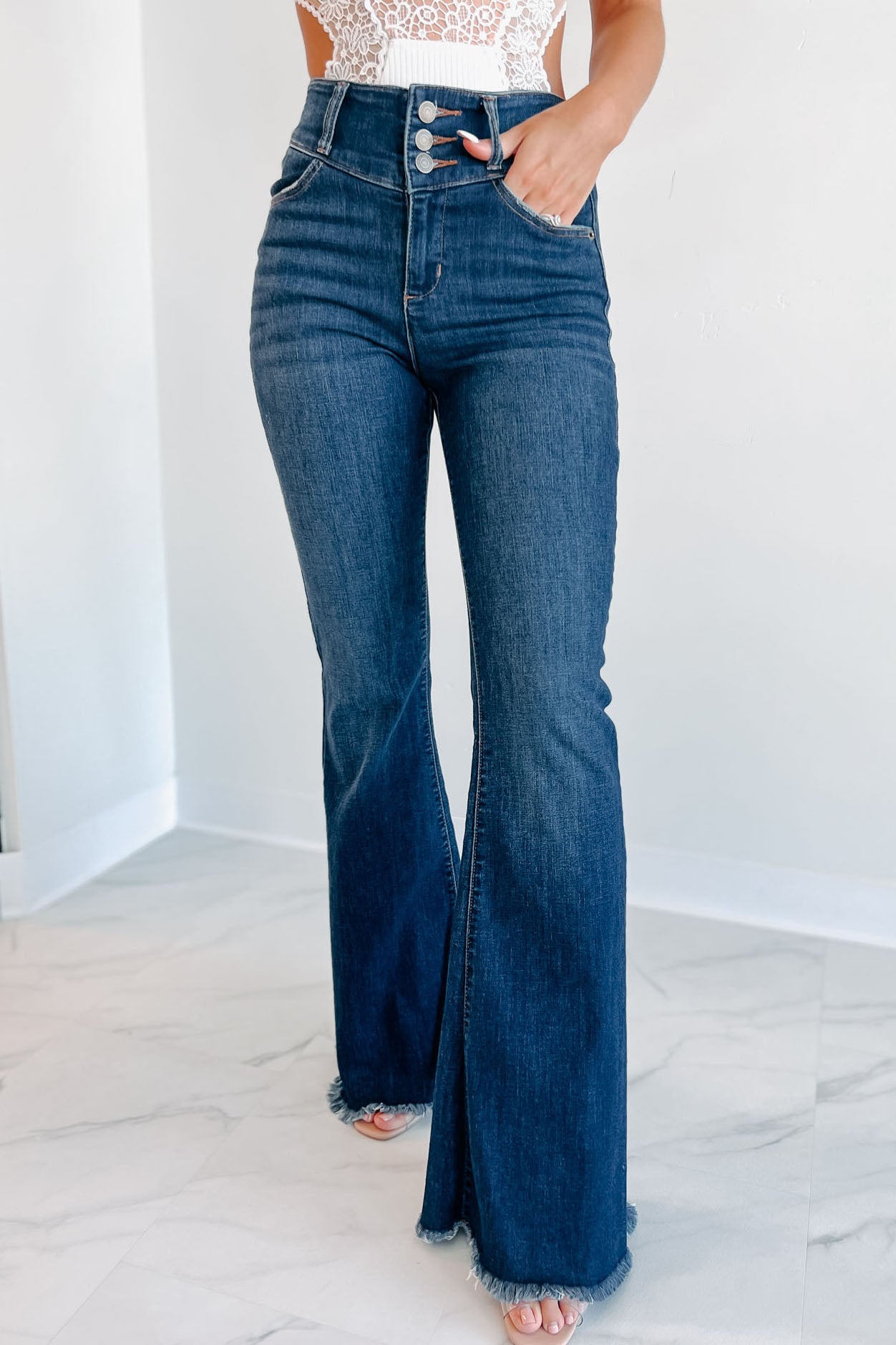 Nilton High Rise Triple Button Sneak Peek Flare Jeans (Dark) - NanaMacs