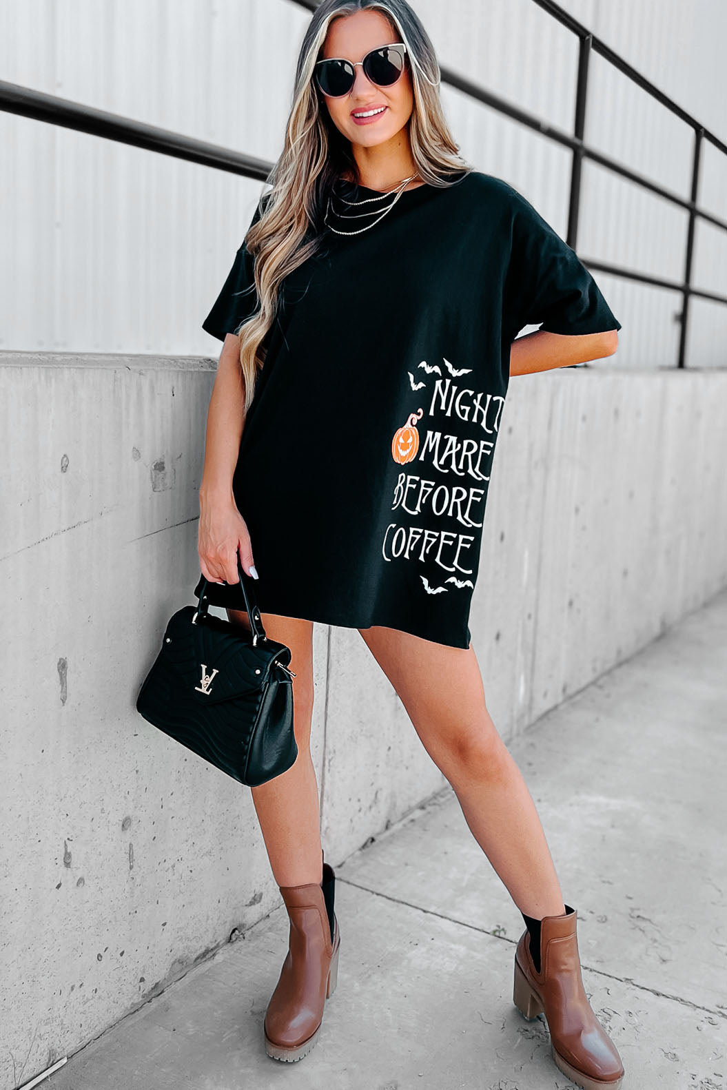 "Nightmare Before Coffee" Oversized Graphic T-Shirt Dress (Black) - Print On Demand - NanaMacs