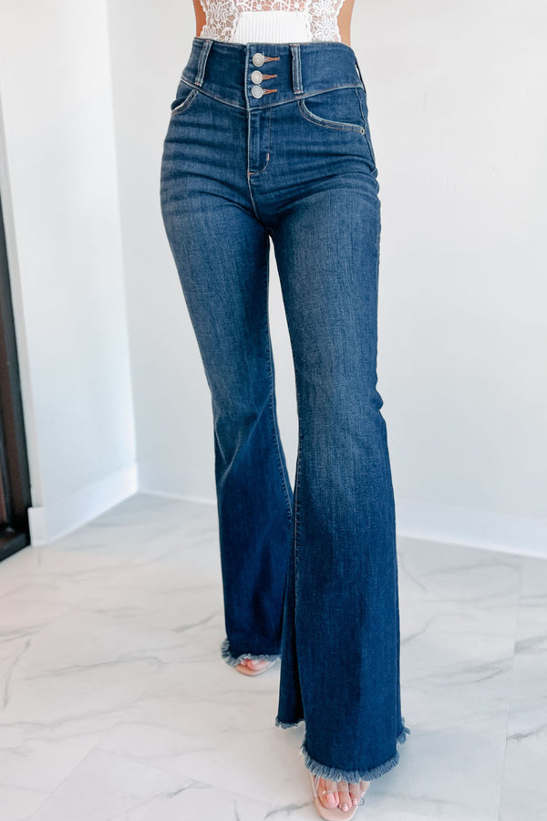 Nilton High Rise Triple Button Sneak Peek Flare Jeans (Dark) - NanaMacs