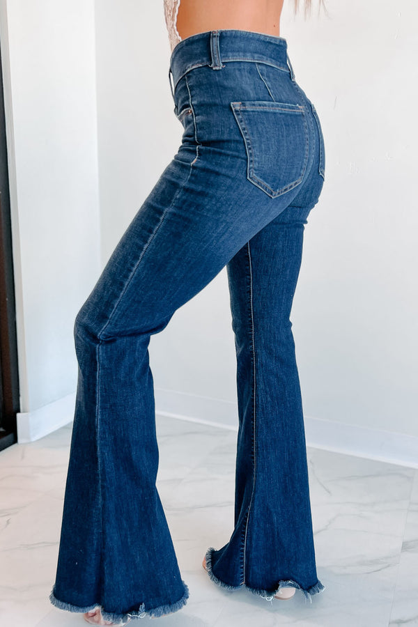 Nilton High Rise Triple Button Sneak Peek Flare Jeans (Dark) - NanaMacs