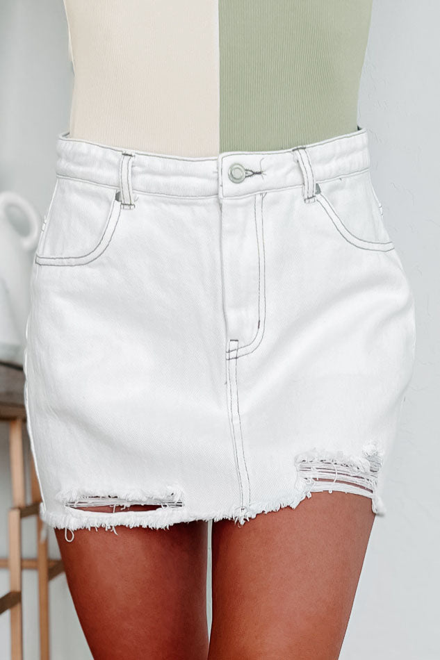Shadow Of A Doubt Distressed Denim Mini Skirt (Off White) - NanaMacs