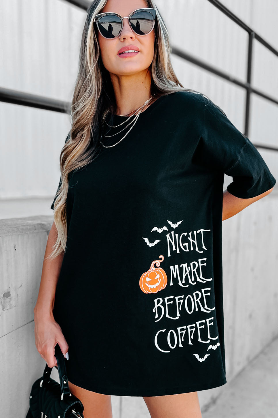 "Nightmare Before Coffee" Oversized Graphic T-Shirt Dress (Black) - Print On Demand - NanaMacs