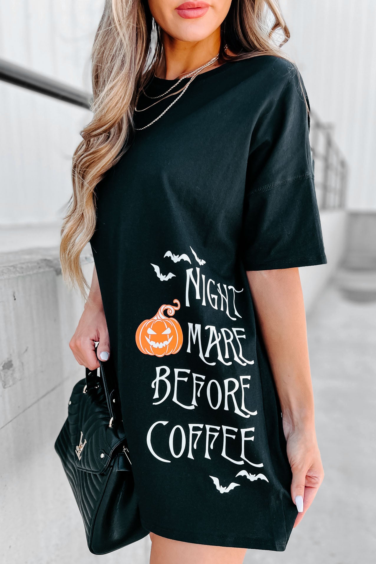 "Nightmare Before Coffee" Oversized Graphic T-Shirt Dress (Black) - Print On Demand - NanaMacs