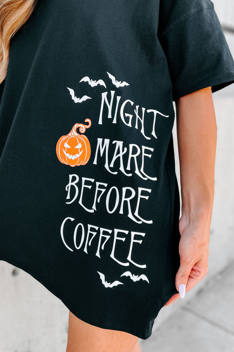 "Nightmare Before Coffee" Oversized Graphic T-Shirt Dress (Black) - Print On Demand - NanaMacs